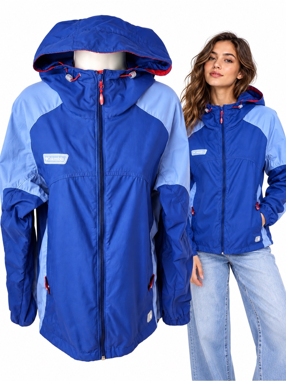 Vintage Columbia Y2K Women’s Medium Blue Colorblock Hooded Windbreaker Jacket